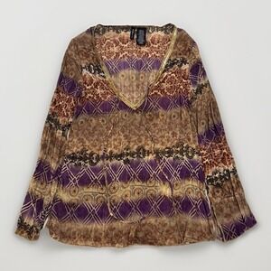Mix It VTG Boho Moroccan Sheer V-neck Top Blouse Medium Sequins‎ Brown/Purple